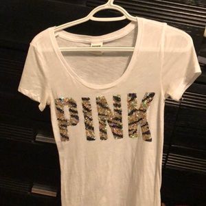 Sparkly pink logo white tee